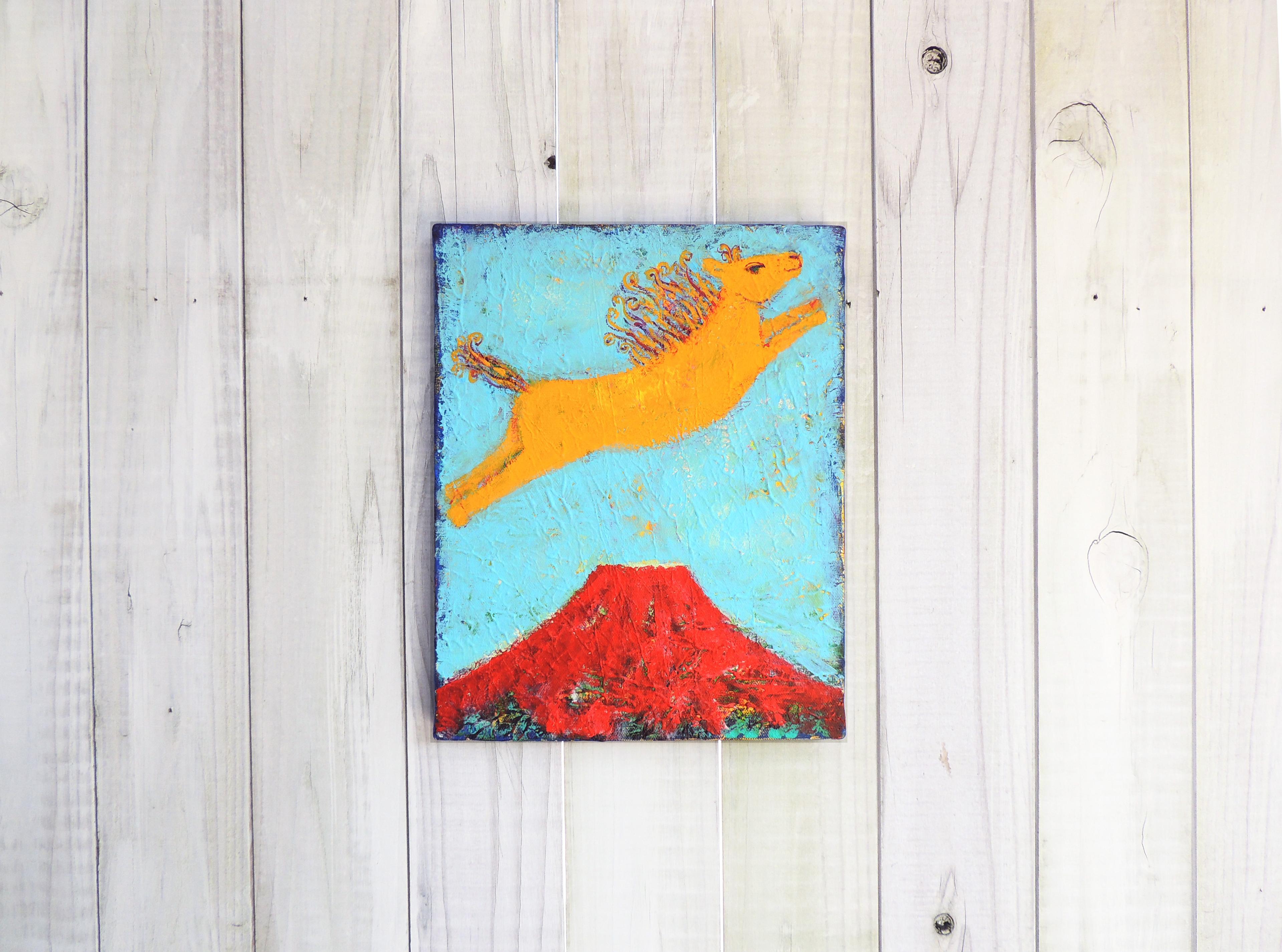 [黄金色の馬と赤富士山] #アート #絵画 #原画